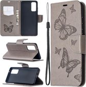 Voor Samsung Galaxy S20 FE 5G / S20 Lite Embossing Twee vlinders patroon Horizontale flip PU lederen tas met houder & kaartsleuf & portemonnee & lanyard (grijs)