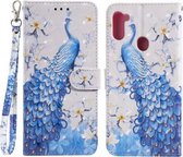 Voor Samsung Galaxy A11 / M11 3D-schilderijpatroon Gekleurde tekening Horizontale Flip PU-lederen hoes met houder & kaartsleuven & portemonnee (blauwe pauw)