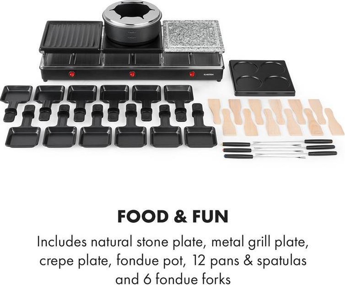 Klarstein Fonduelette XL - Gourmetstel - raclette-grill en fondue 1650W - metalen grillplaat, natuurstenen plaat en crêpesplaat - voor 12 personen – foto 6