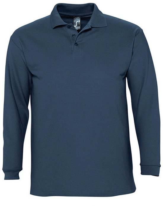 Donkerblauwe polo met lange mouwen, knoopsluiting zichtbaar.