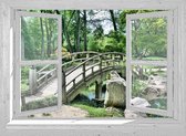 Tuindoek Doorkijk Openslaand Wit Venster - Groene Tuin Met Brug - 90x65 Cm - Tuinposter - Tuin Decoratie - Tuinposters Buiten - Tuinschilderij