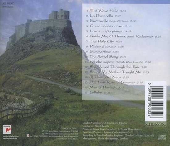 Cd-hoes met een afbeelding van een kasteel op een heuvel. Rechts staat een tracklist.