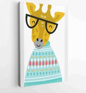 Cute hand drawn nursery poster with cartoon cool giraffe animal with glasses and knitted sweater. Vector illustration in scandinavian style. - Moderne schilderijen - Vertical - 114