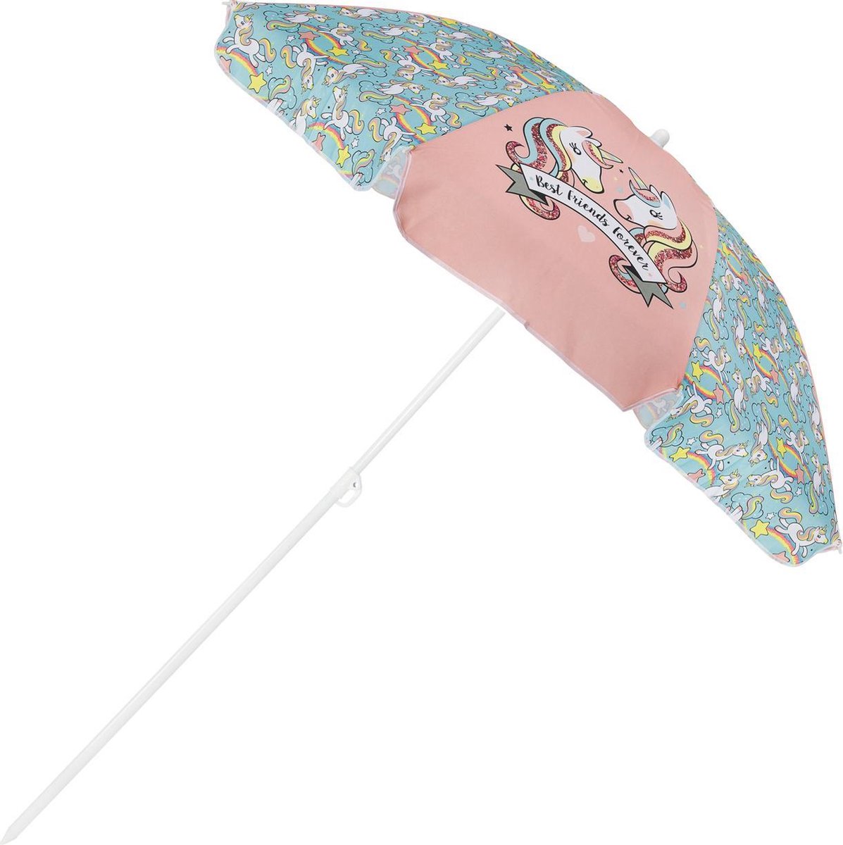 Vibrant rainbow unicorn beach umbrella with a whimsical design, perfect for adding a playful touch to outdoor spaces.