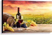 Canvas  - Wijnvat met Wijn en Druiven - 90x60cm Foto op Canvas Schilderij (Wanddecoratie op Canvas)