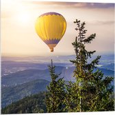 Acrylglas - Blauw/Gele Luchtballon boven Prachtig Landschap  - 80x80cm Foto op Acrylglas (Wanddecoratie op Acrylglas)