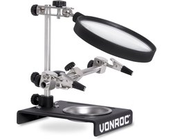 VONROC Derde hand met vergrootglas – Incl. 2 verstelbare armen, zware voet en opvang bakje