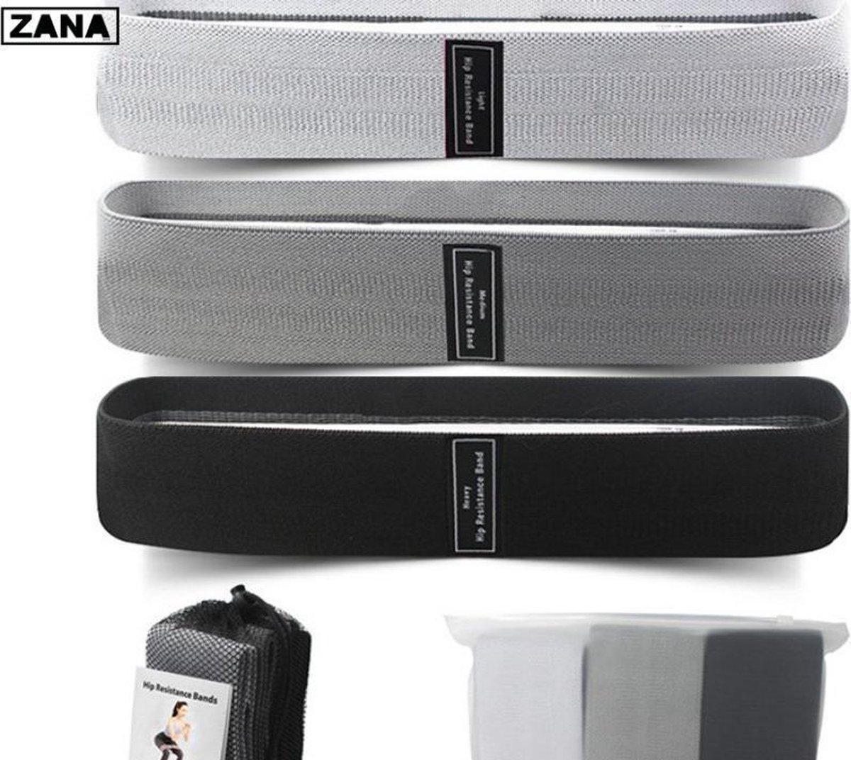ZANA Sports - Weerstandsbanden - 3-delige set - Resistance band - Fitness elastiek - inclusief draagtas - zwart/grijs/lichtgrijs - ultimate performance