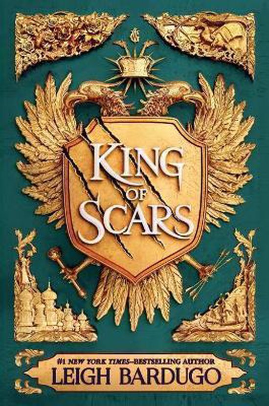 Boekcover met "King of Scars" in gouden letters, een schild en gouden vleugels op een groene achtergrond.