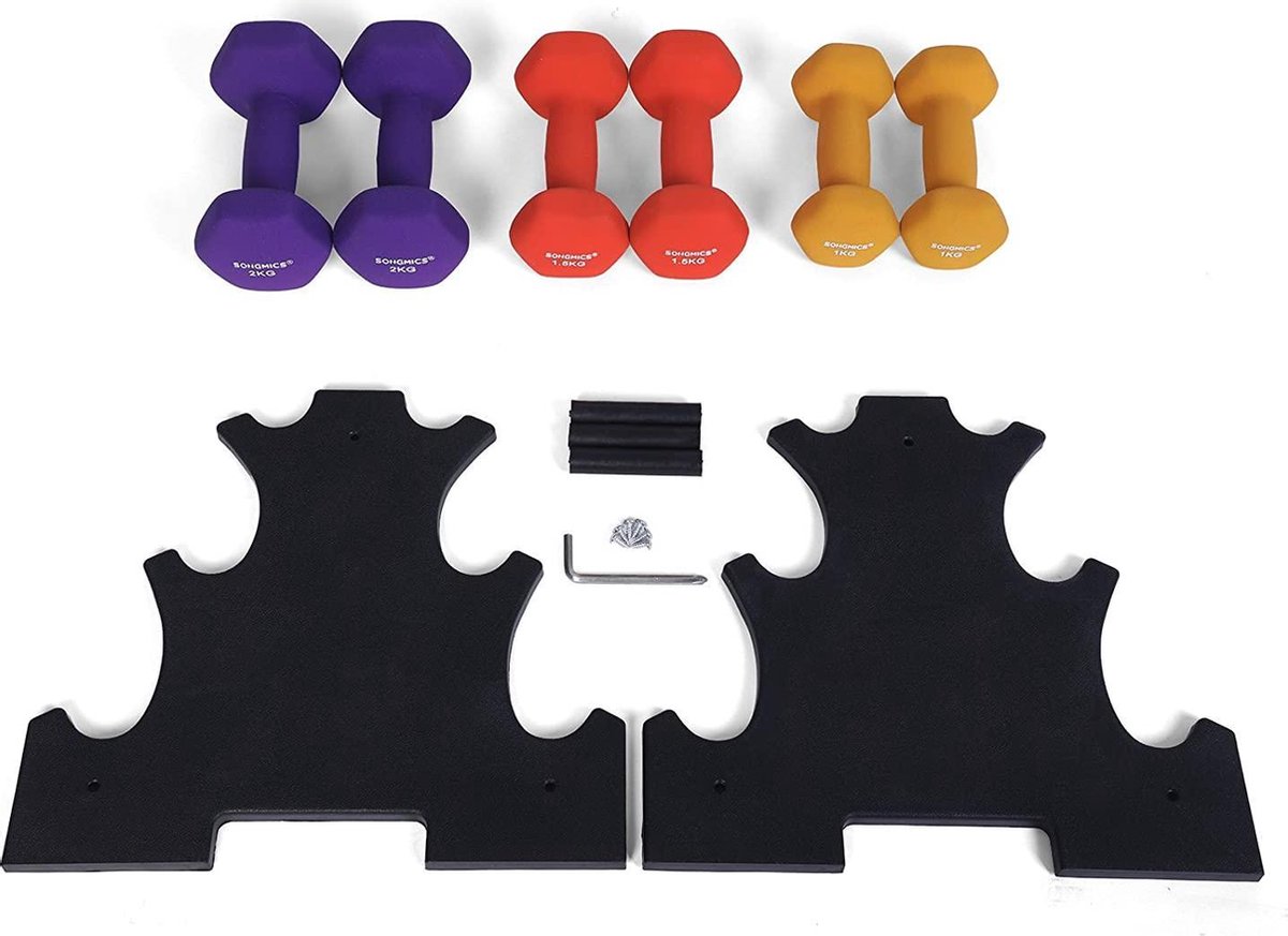 dumbbells dumbbell set, hexagon, met dumbbell stand, 2 x 1 kg, 2 x 1,5 kg, 2 x 2 kg, matte afwerking, neopreen coating, krachttraining voor dames, thuis, gym SYL69BK – foto 4
