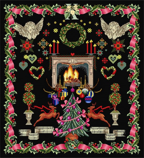 Thea Gouverneur - Borduurpakket met telpatroon - 2077.05 - Voorgesorteerde DMC Garens - Kerst Design - Zwart Aida - 50 cm x 54 cm - DIY Kit