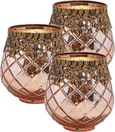 Set van 3x stuks glazen design windlicht/kaarsenhouder in de kleur rose goud met formaat 13 x 14 x 13 cm. Voor waxinelichtjes