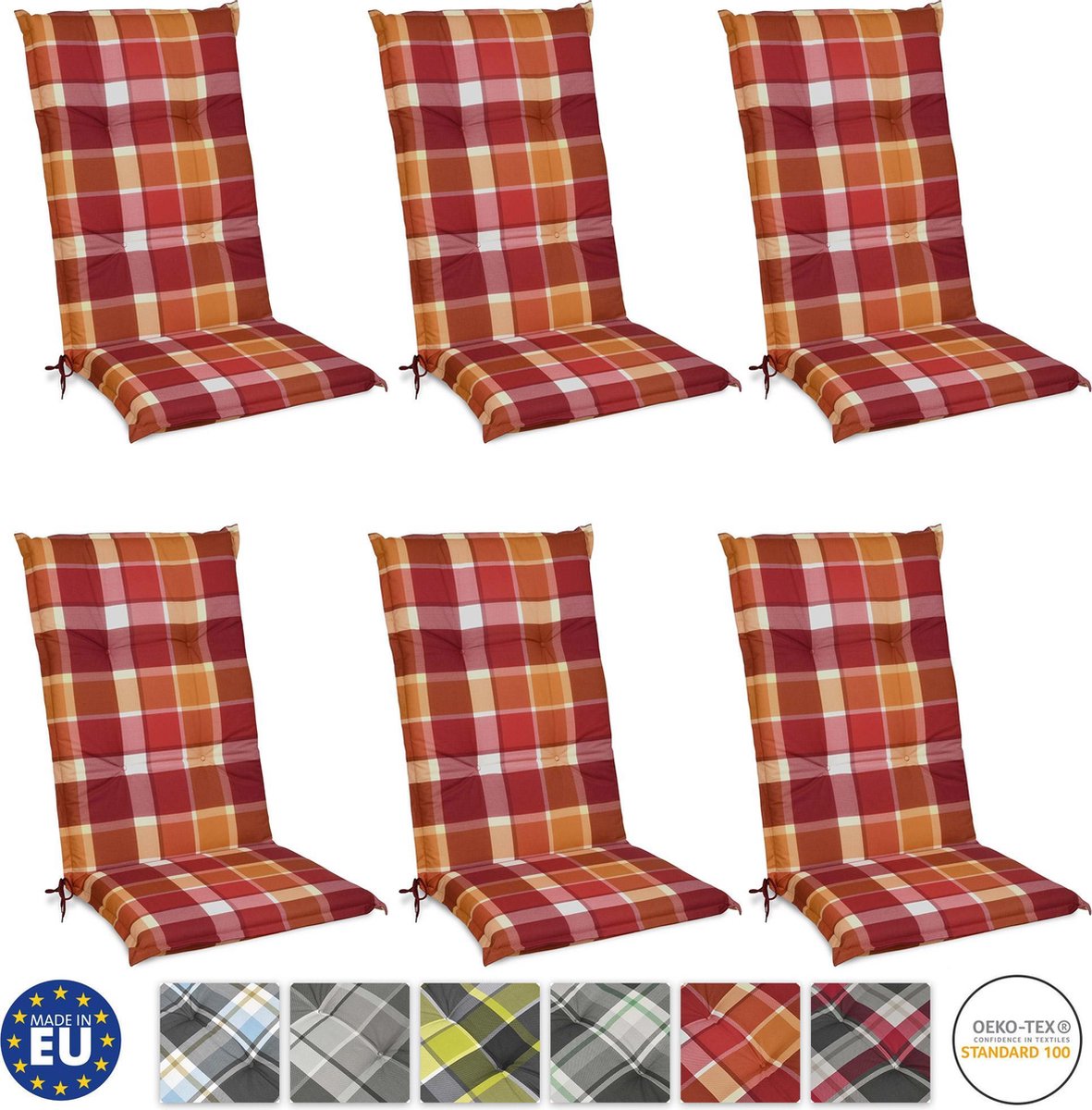 Beautissu Sunny RO – Set van 6 Tuinkussens Hoge Rug 120x50 cm met UV-lichtechtheid Comfortabele Tuinstoel Zitkussen Rood geruit