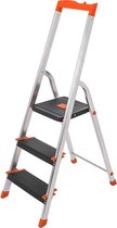 ladder met 3 treden, aluminium ladder, 12 cm brede treden met ribben, antislipvoetjes, met leuning en gereedschapsbakje, max. belasting 150 kg, getest door TÜV Rheinland, zilverkle