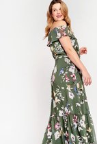 LOLALIZA Maxi jurk met open schouders en ceintuur - Khaki - Maat 36