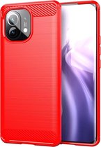 Xiaomi Mi 11 hoesje - MobyDefend TPU Gelcase - Geborsteld Metaal + Carbonlook - Rood - GSM Hoesje - Telefoonhoesje Geschikt Voor Xiaomi Mi 11