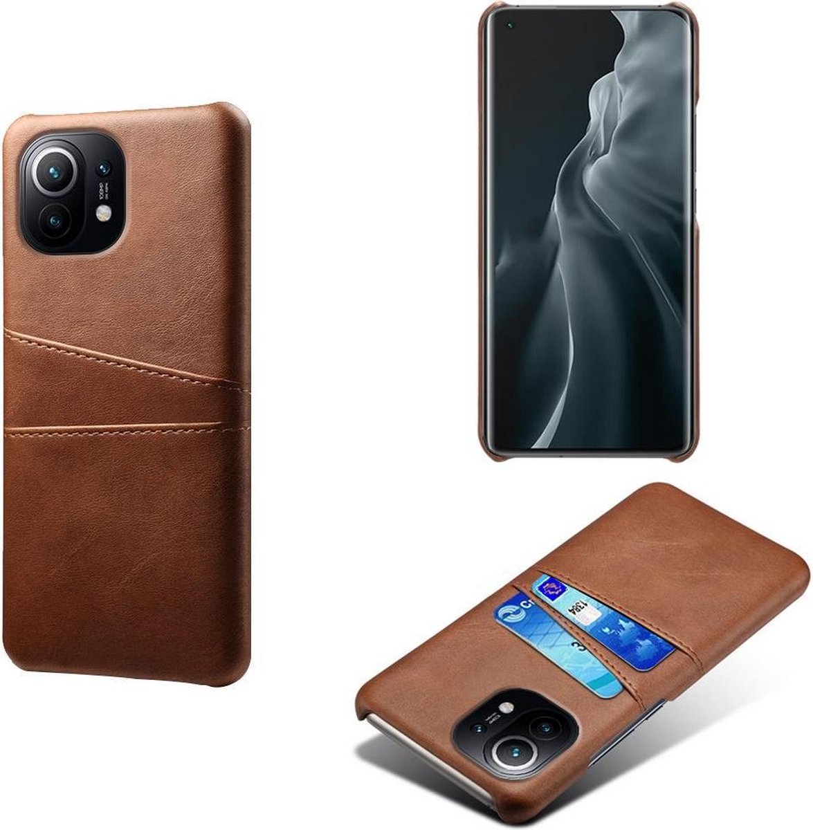 MobyDefend Hoesje - Geschikt voor Xiaomi Mi 11 - Lederen Backcover Met Vakjes Pasjes - Bruin