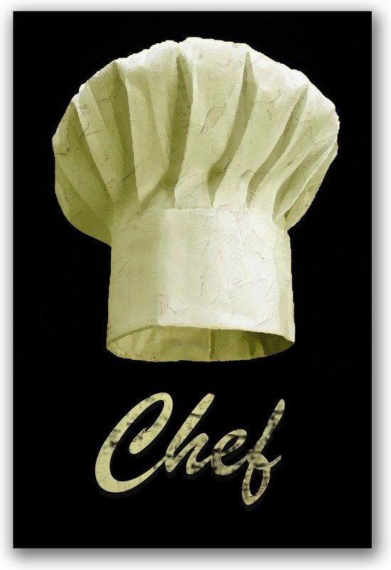 Tuinposter - Keuken / Eten / Voeding - Chef / hoed in geel / beige / zwart - 80 x 120 cm.