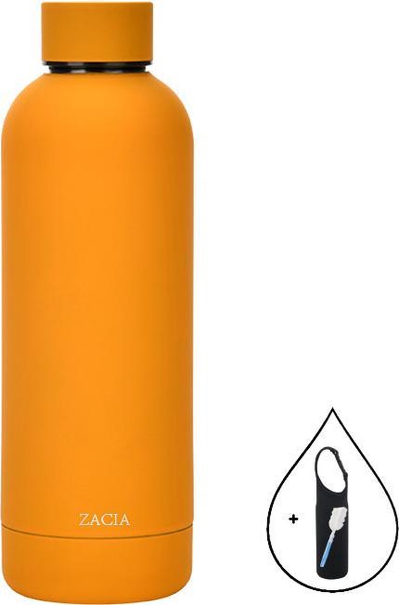 ZaCia Drinkfles Oranje incl. Drinkfleshoes en Schoonmaakspons - Thermosfles Waterfles - Roestvrij Staal RVS - 500ML
