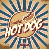 Tuinposter - Retro - Hot Dog in beige / bruin / wit / blauw - 100 x 100 cm.