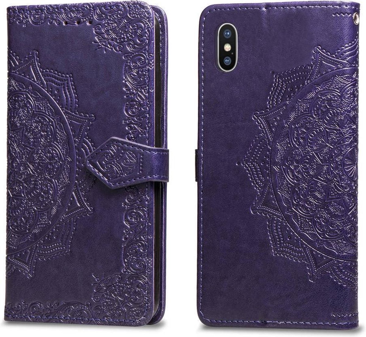 Geschikt voor Apple iPhone X - XS Bookcase - Paars - Bloemen - Portemonnee Hoesje