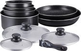 Herzberg - Set Lot 10-delige Pannenset inductie - Steengoeden - Afneembare handgreep - Glazen deksel - Geschikt voor oven - Met marmeren coating  - PFAS-vrij - Zwart - HG5000