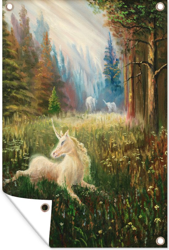 Muurdecoratie Een illustratie van een eenhoorn in een bos - Meisjes - Kinderen - Kids - 120x180 cm - Tuinposter - Tuindoek - Buitenposter