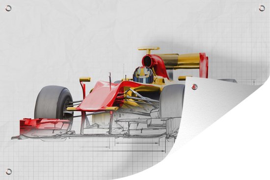 Tuinposter - Tuindoek - Tuinposters buiten - Een rode raceauto uit de Formule 1 in een illustratie - 120x80 cm - Tuin