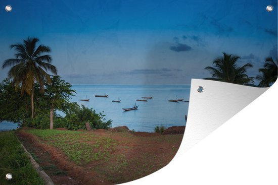 Tuinposters buiten Enkele vissersboten liggen voor de kust van de hoofdstad Freetown - 90x60 cm - Tuindoek - Buitenposter