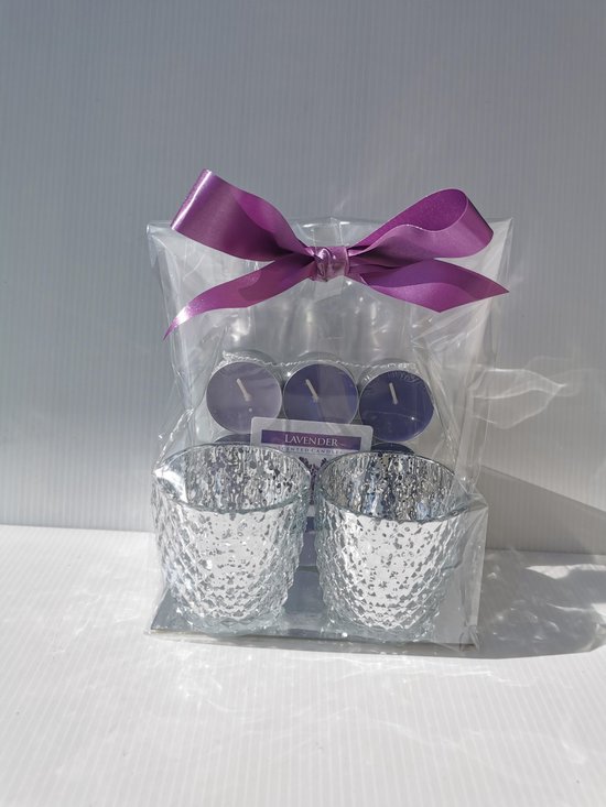 Geurgeschenkset voor haar: 2 waxinelichthoudertje + 18 Geurkaarsjes Lavender in mooie geschenkverpakking