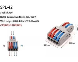 Verbindingsklem duo 2/4 polig- 5 stuks - grijs blauw rood -  0,08 t/m 4mm2 kabel 32A 600V  23,5mmx41,5mmx14mm
