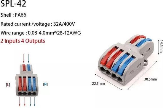 Verbindingsklem duo 2/4 polig- 5 stuks - grijs blauw rood -  0,08 t/m 4mm2 kabel 32A 600V  23,5mmx41,5mmx14mm