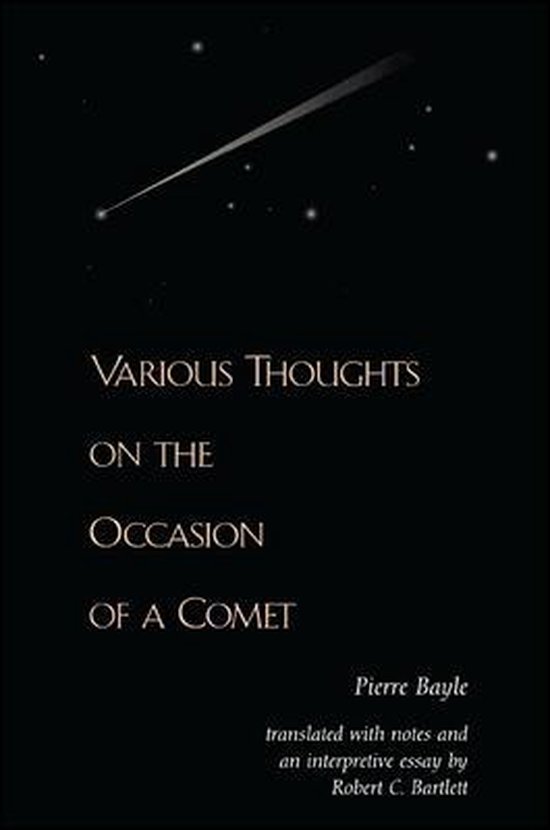Boek 'Various Thoughts on the Occasion of a Comet' van Pierre Bayle, met een vallende ster op de donkere kaft.