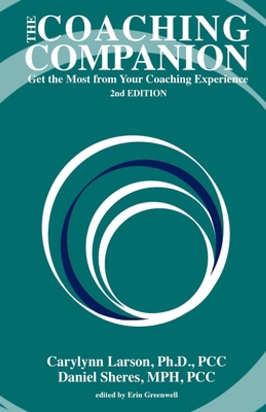 Boekomslag: 'The Coaching Companion', 2e editie, met abstracte witte en blauwe cirkels op een diepgroene achtergrond.