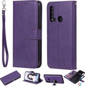 Voor huawei nova 5i effen kleur horizontale flip beschermhoes met houder & kaartsleuven & portemonnee & fotolijst & lanyard (paars)