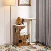 krabpaal 88 cm, middelgrote kattenkrabpaal met 3 ligvlakken en grot, kattenmeubels gemaakt van MDF met houtfineer, sisal stam, wasbare pads van imitatiebont, vintage bruin, wit PCT