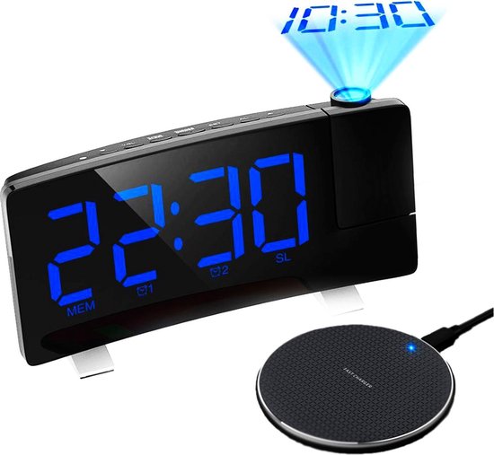 Slinks Wekkerradio met projectie - draadloze oplader – Projectiewekker - USB - Blauw - Projectieklok