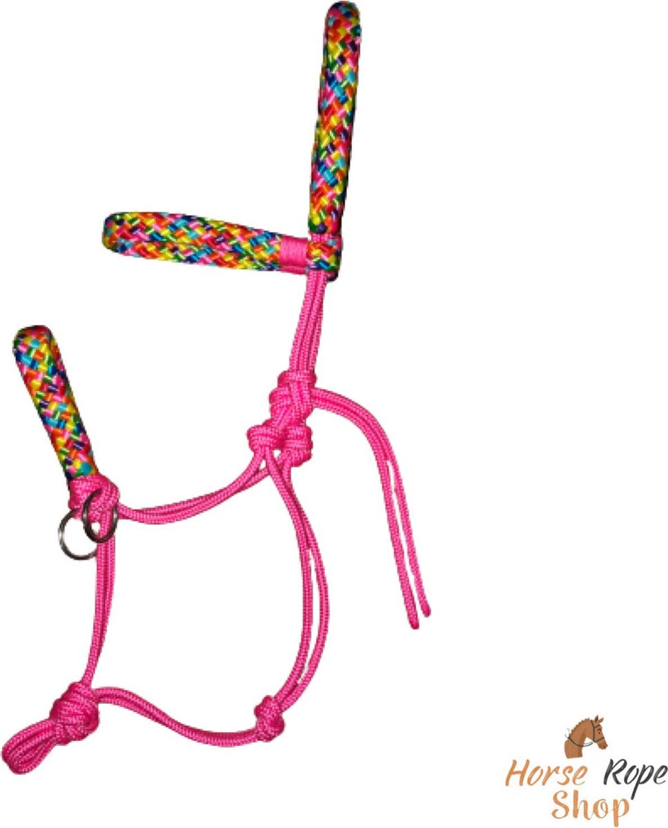 Rijhalster ‘roze-regenboog’ maat Cob | rijhalster, touwhalster, rijden, halster, roze, rainbow, touwproducten.