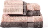 Komfortec Handdoekenset 2x handdoek 50x100 cm + 2x badhanddoek 70x140 cm + 2x washandje 16x21 cm 100% Katoen - Antraciet Grijs / Bloem roze