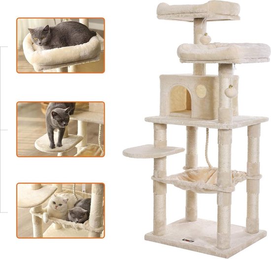 Feandrea Krabpaal voor katten, moderne kattentoren, kattenwoning met 5 krabpalen, wasbare afneembare kussens, zitstang, kattenmand, kattenmeubel voor huiskatten, 165 cm hoog, vintagebruin PCT166X01