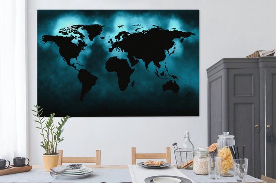 Peintures Toile Wereldkaart - Zwart - Blauw - 150x100 cm - Décoration murale