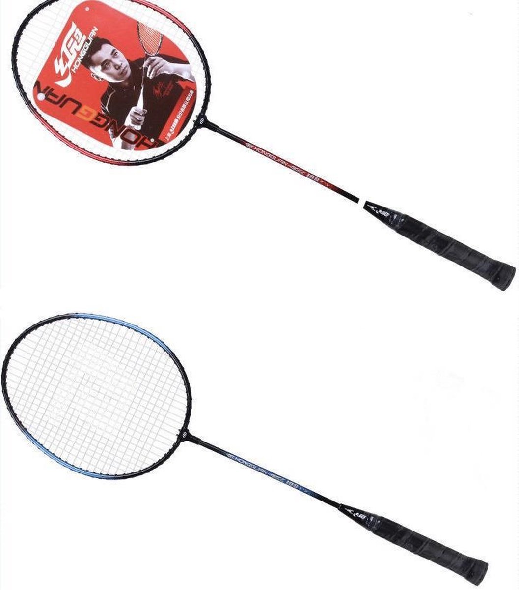 HONGGUAN Badmintonset - Badmintonset - Badminton - 2 rackets - Shuttles - Veren shuttles - Rood/Zwart en Blauw/Zwart