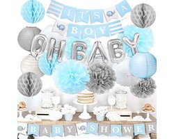 Babyshower Geboorte Versiering Pakket Jongen - Babydouche Baby Shower Decoratie Blauw Versier set Olifant met Oh Baby Ballonnen Slinger - It's a boy versiering