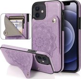 Reliëfpatroon PU + TPU beschermhoes met houder & portemonnee & kaartsleuven voor iPhone 12 mini (paars)