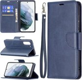 Voor Samsung Galaxy S21 FE Retro Lambskin Texture Pure Color Horizontale Flip PU Leather Case met houder & kaartsleuven & portemonnee & Lanyard (blauw)