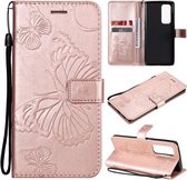 Voor OPPO Reno5 Pro + 5G / Find X3 Neo Pressed Printing Butterfly Pattern Horizontale Flip PU lederen tas met houder & kaartsleuven & portemonnee & lanyard (Rose Gold)