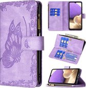 Voor Samsung Galaxy A32 5G Vliegende Vlinder Embossing Patroon Rits Horizontale Flip Leren Case met Houder & Kaartsleuven & Portemonnee (Paars)