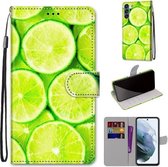 Voor Samsung Galaxy S21 FE Gekleurde Tekening Cross Textuur Horizontale Flip PU Lederen Case met Houder & Kaartsleuven & Portemonnee & Lanyard (Groene Citroen)