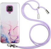 Voor Geschikt voor Xiaomi Redmi Note 9S / Note 9 Pro / Note 9 Pro Max Holle marmerpatroon TPU schokbestendige beschermhoes met draagriem touw (roze)