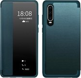 Voor Huawei P30 Pro magnetisch zijvensterweergave schokbestendig horizontaal flip lederen smartcase (cyaan)